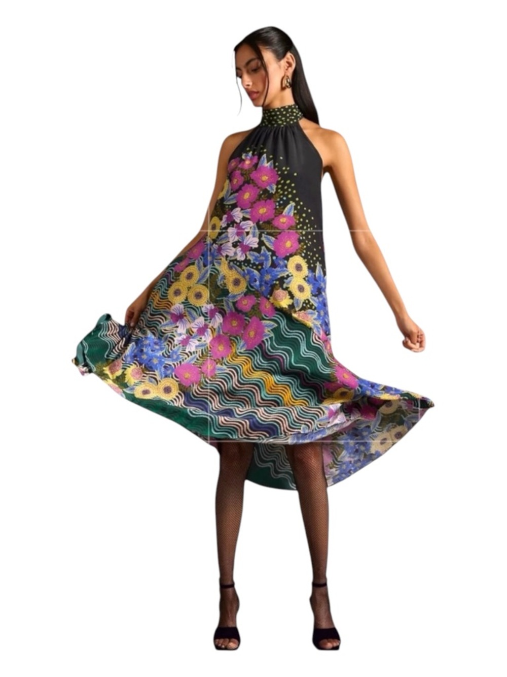 ANTHROPOLOGIE Halter Asymmetrical Silk Midi Dress, Size S.